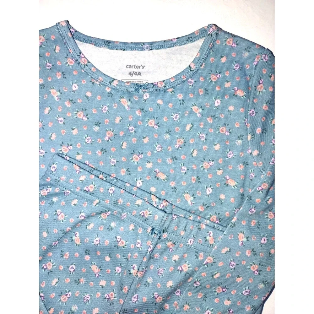 Carter's 2pc Blue Floral Girls Sz 4 Pajamas Cotton Long Sleeve Pants Set NWT‎